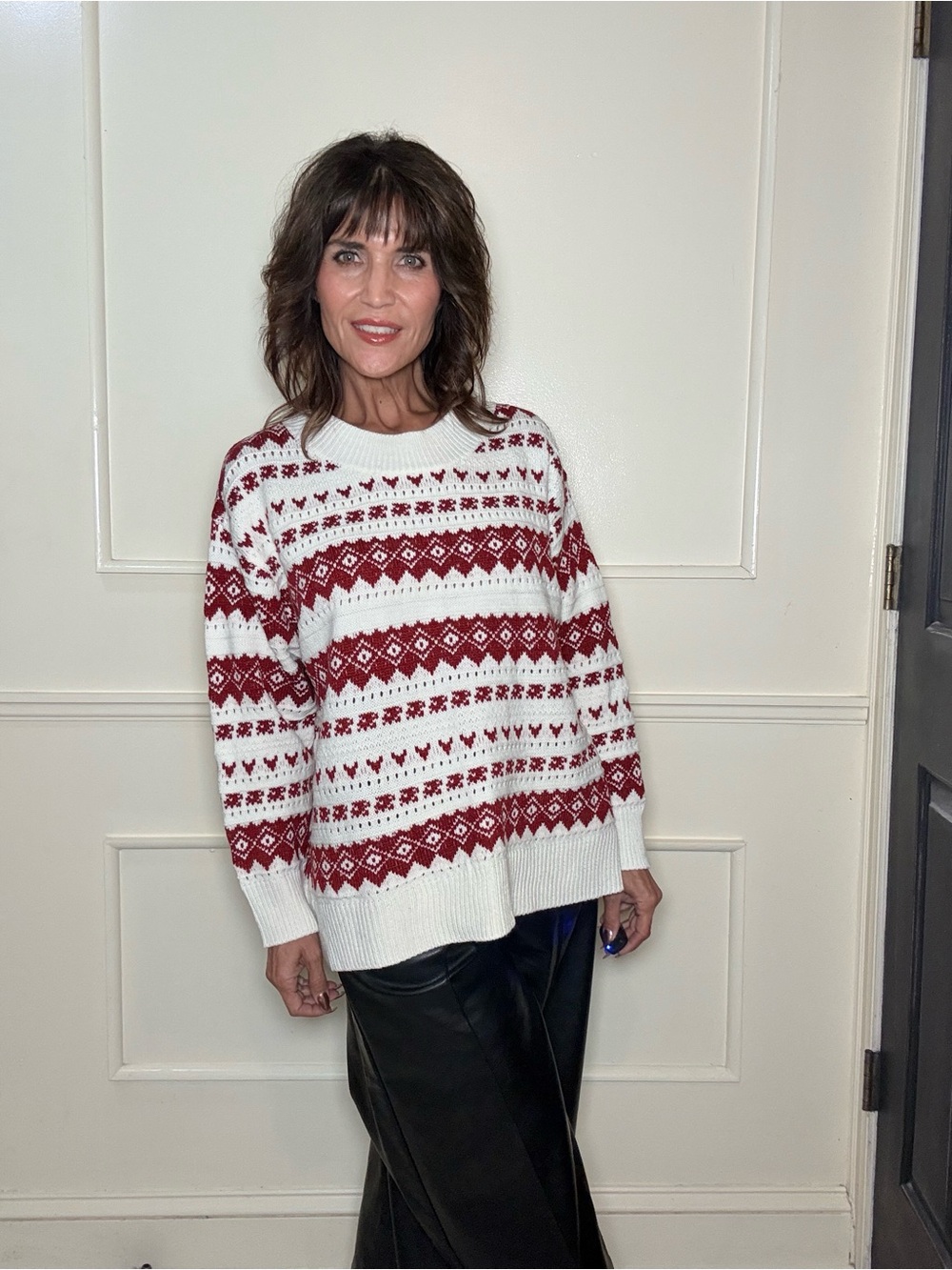 burgundy and cream Fair Isle Crewneck Sweater - Women
